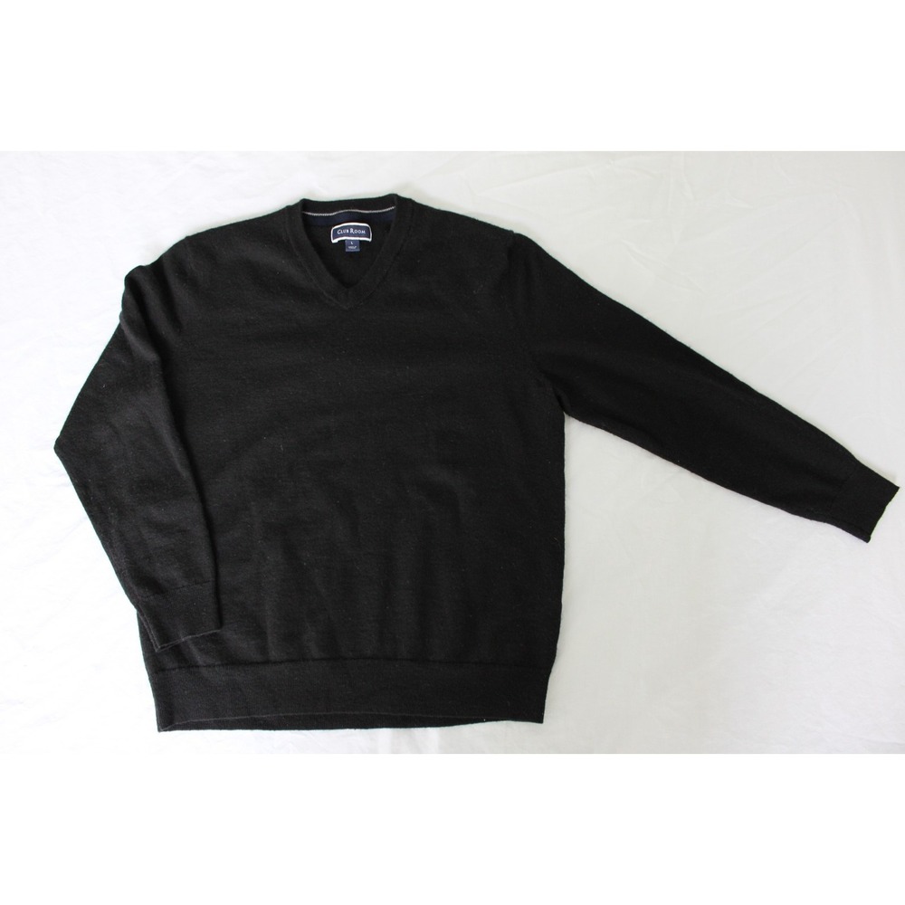 Club Room Mens Black Merino Wool V-Neck Regular Fit Pullover Sweater Size L